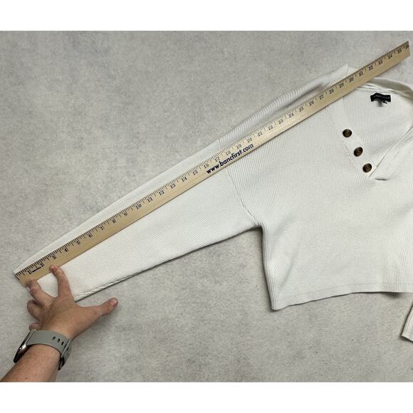 Kendall Kylie Sweater M White Ribbed Cotton Cropped Pullover V-Neck - Picture 6 of 8